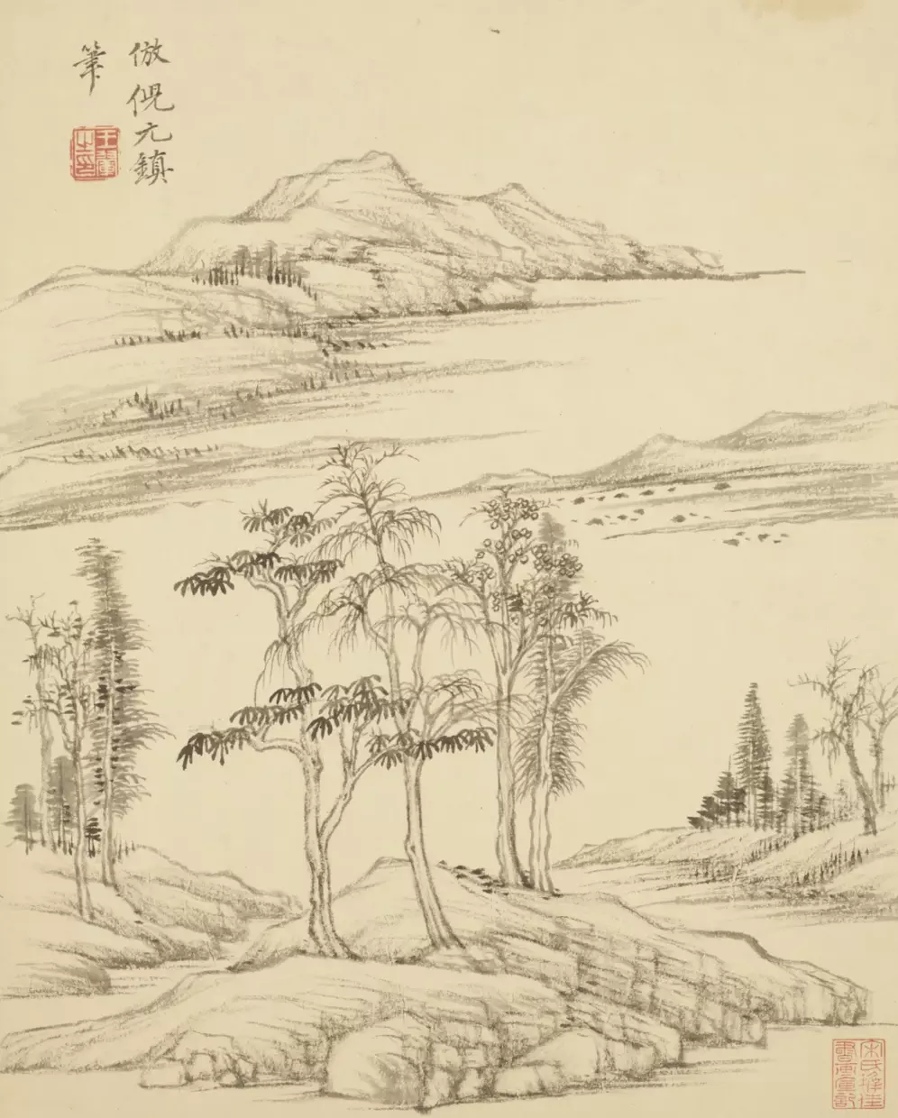 清 王翚 仿古山水册。全册十六开，其中第九开有“年已七十矣”一印，故知成于辛巳（