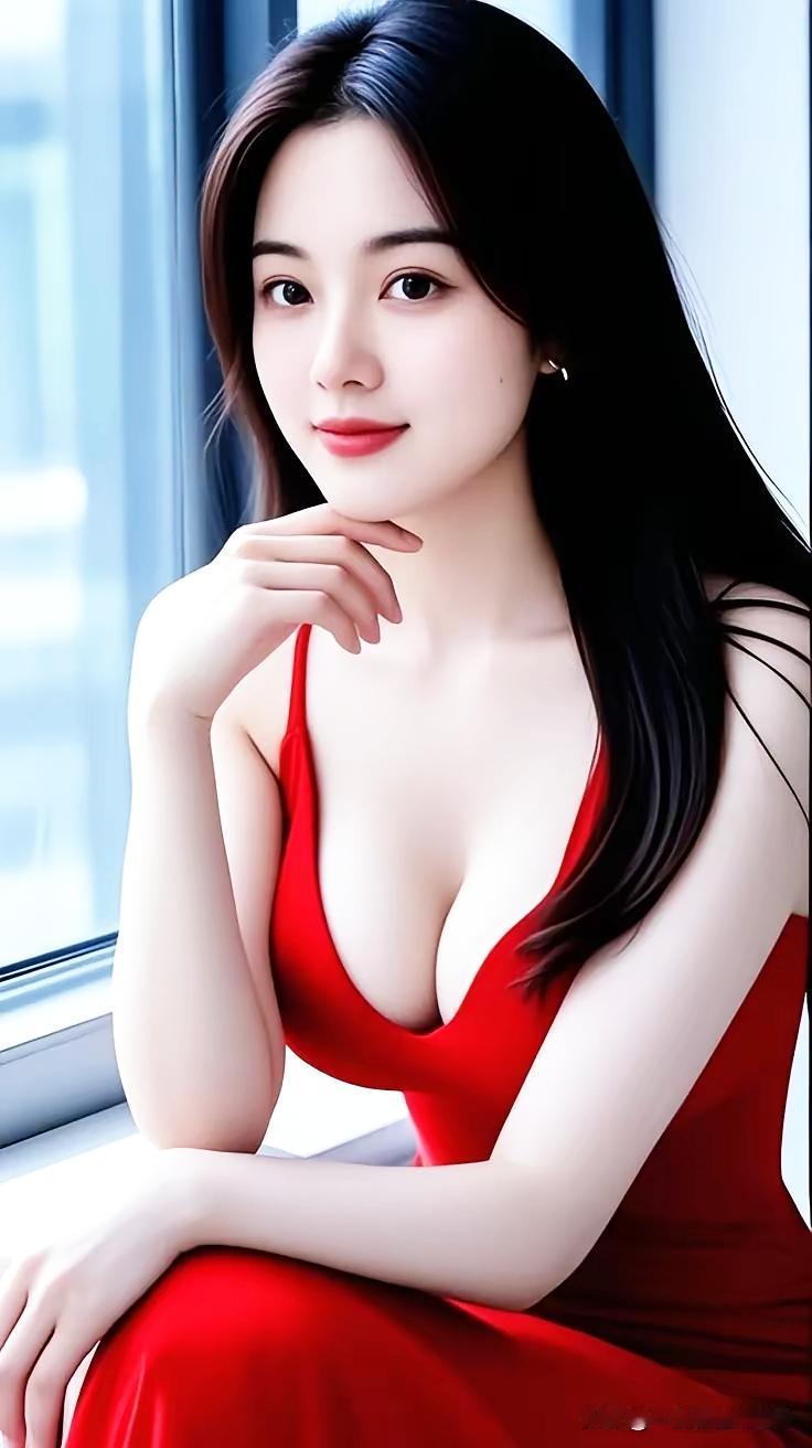 红裙少女，窗边沉思，优雅迷人