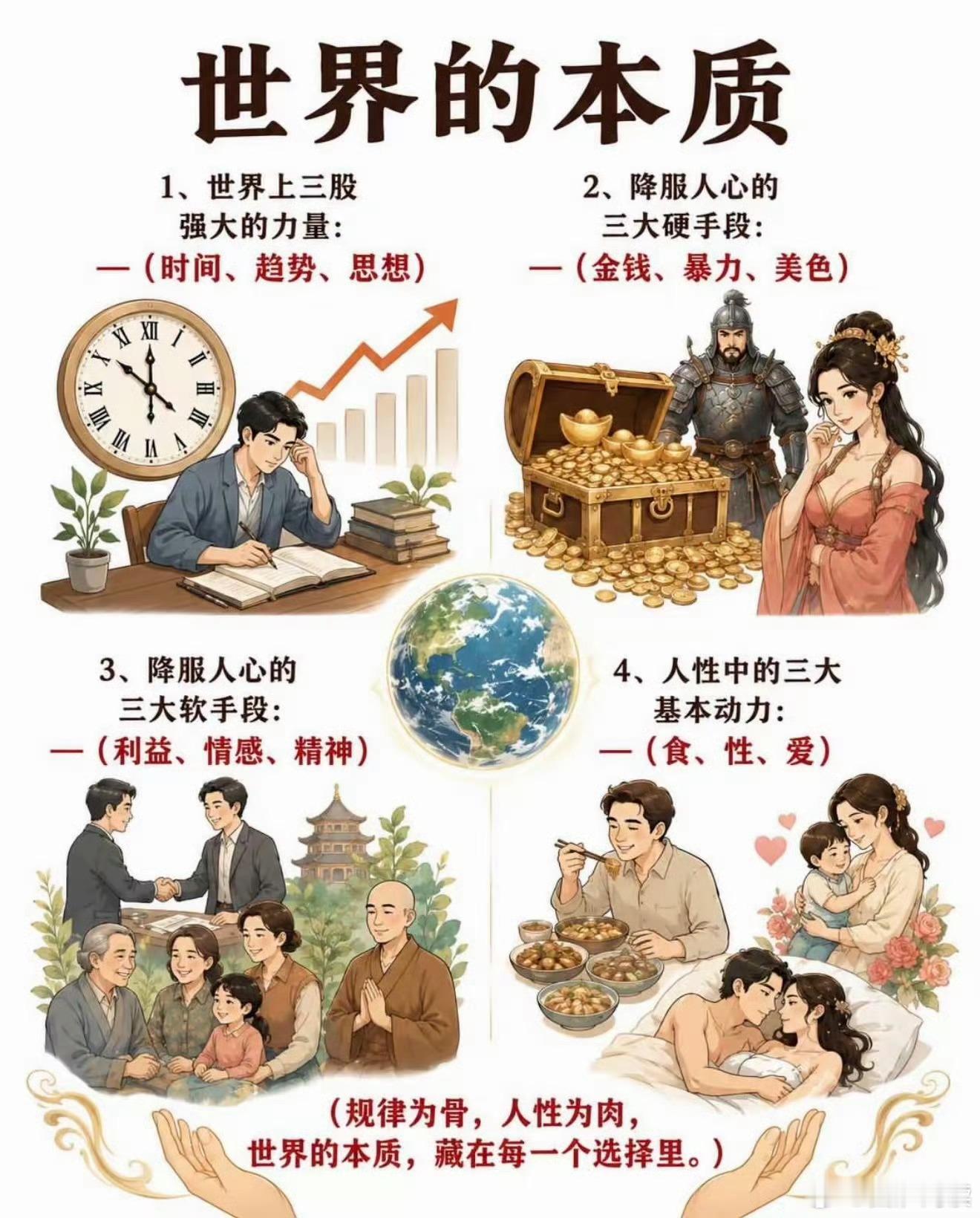 世界的本质1、世界上三股强大的力量：时间、趋势、思想2、降服人心的三大硬手段：金
