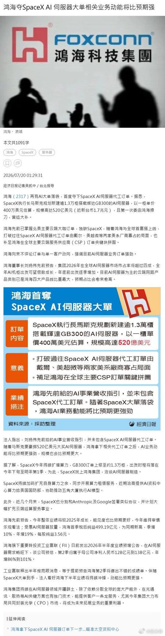 鸿海首度夺下SpaceX AI伺服器代工订单。据悉，SpaceX执行长马斯克规划