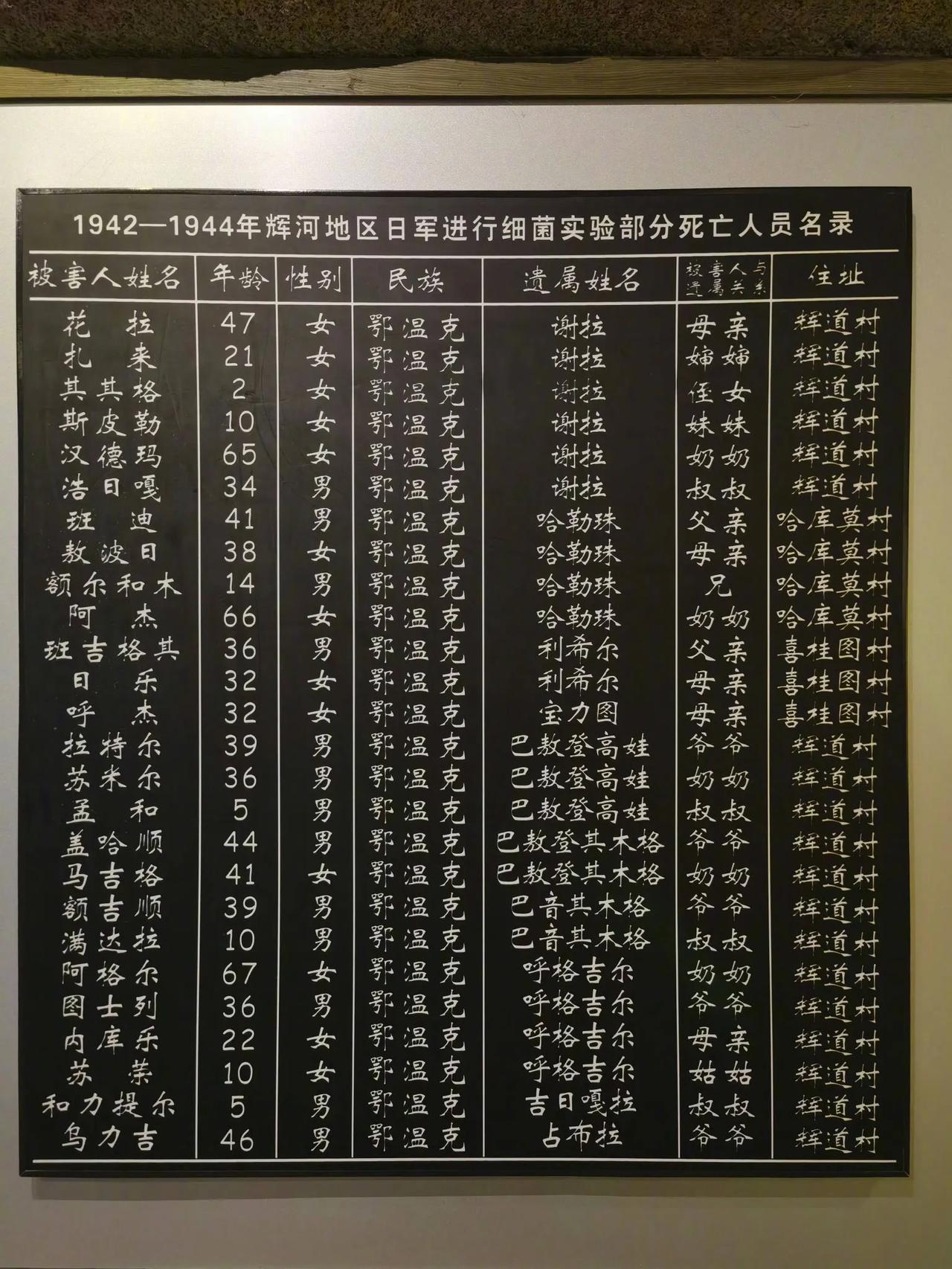 看到这张1942—1944年辉河地区的死亡名录，悲愤莫名。这些名字背后，是日军7