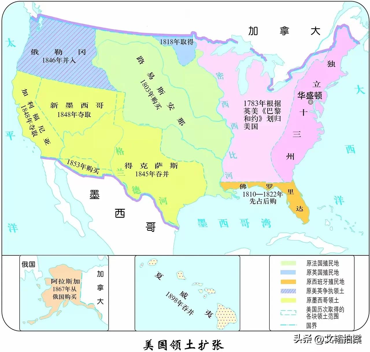 美国刚建国时，面积只有东边的十三州，后来扩大的领土，也是在18世纪和19世纪得到
