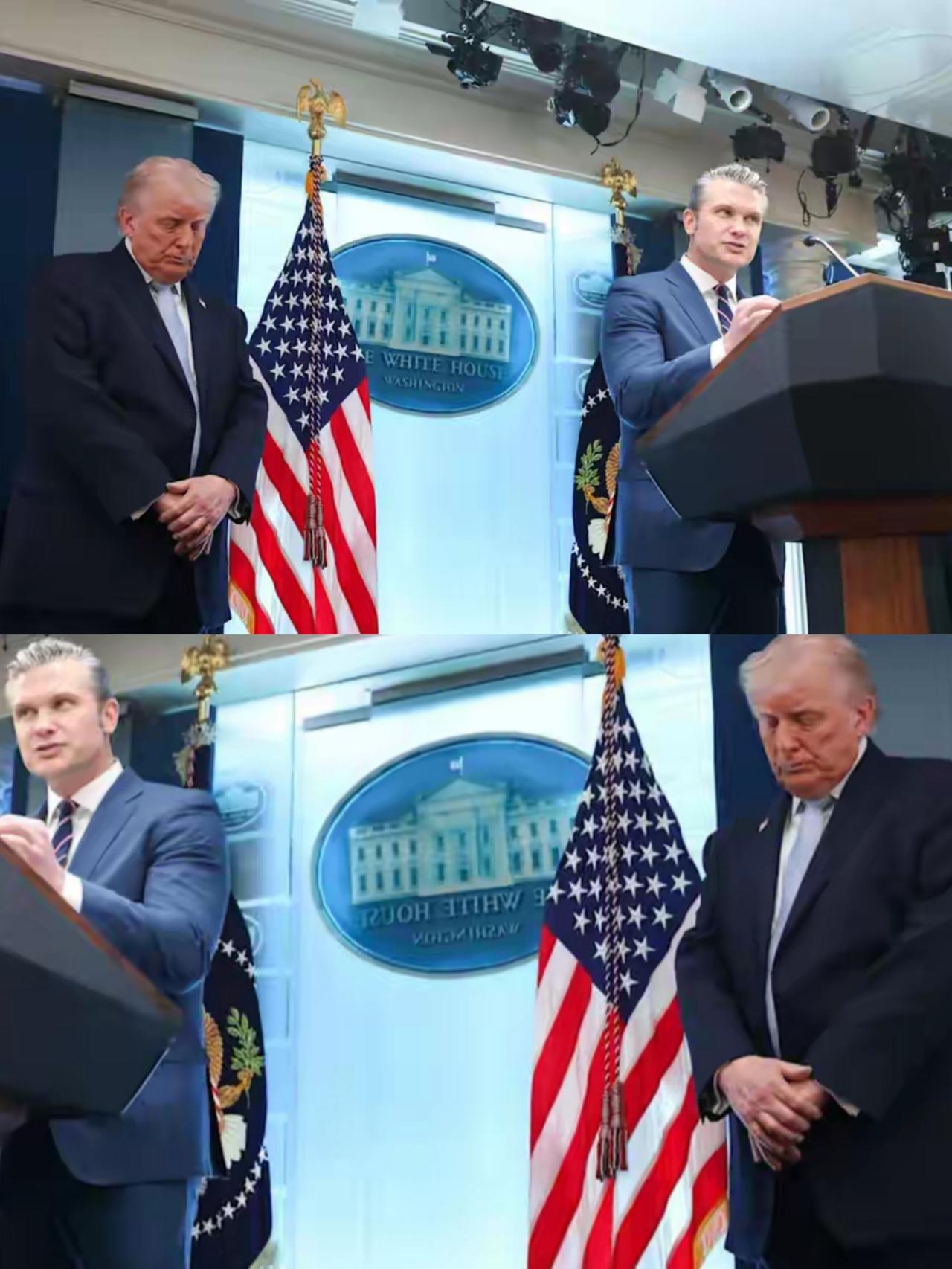 海格赛斯讲话时，特朗普站在一旁像不像一个犯了错的学生啊？
特朗普低着头在思考什么