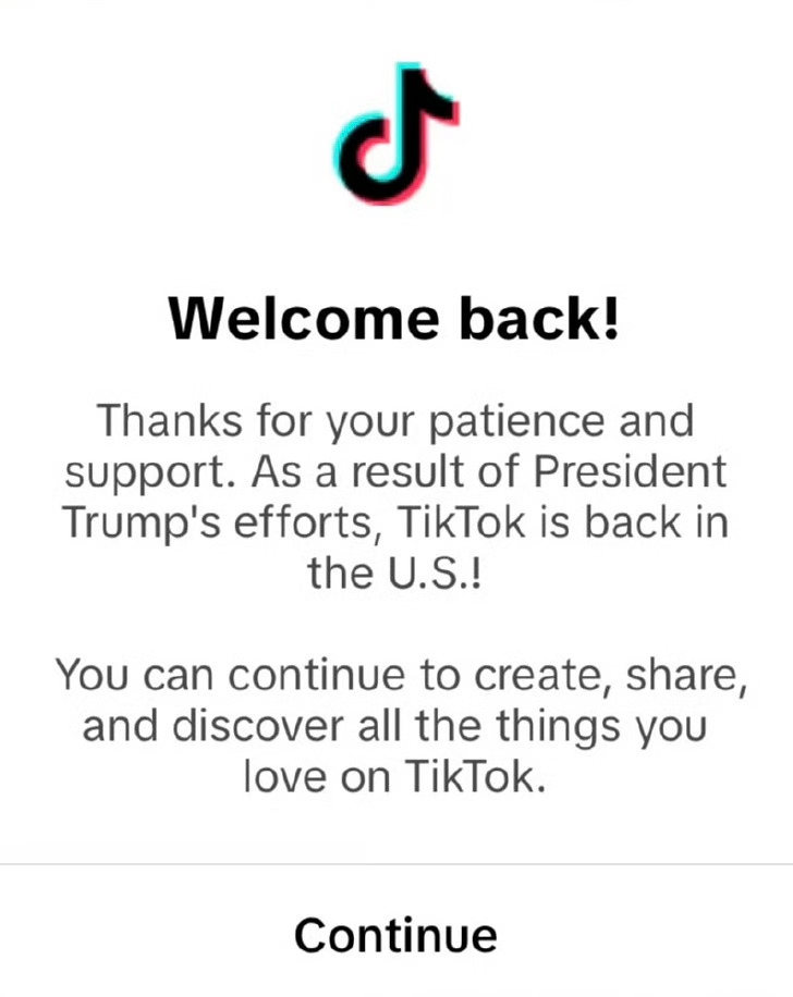 TikTok发布最新声明，再次回到了美国！tiktok弹窗消息：欢迎回来！  感