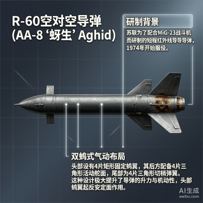 军事ai新视野 俄罗斯R-60空对空导弹R-60空对空导弹是苏联为了配合MiG-