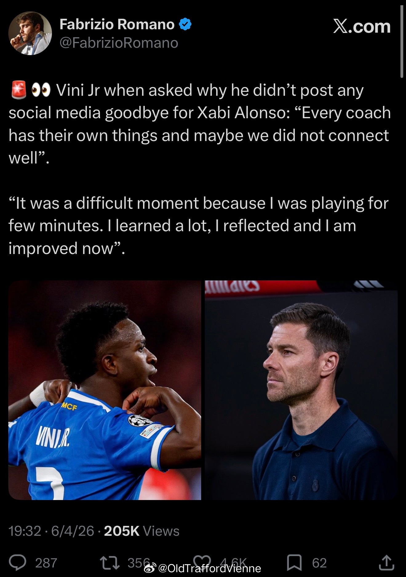 维尼修斯回应为什么没有再社交媒体和阿隆索水果再见“每个教练都有自己的风格，可能我