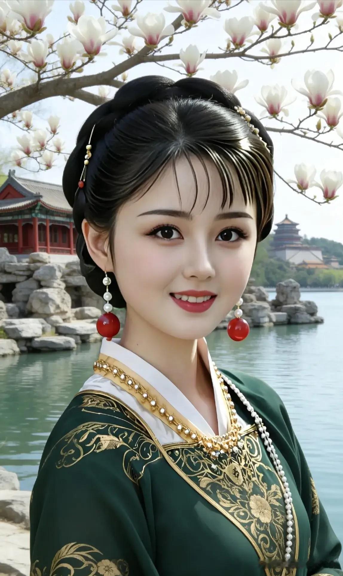 卜算子·玉兰佳人
 
玉瓣缀疏枝，碧水亭台静。
翠袖描金衬玉颜，珠坠红相映。
浅
