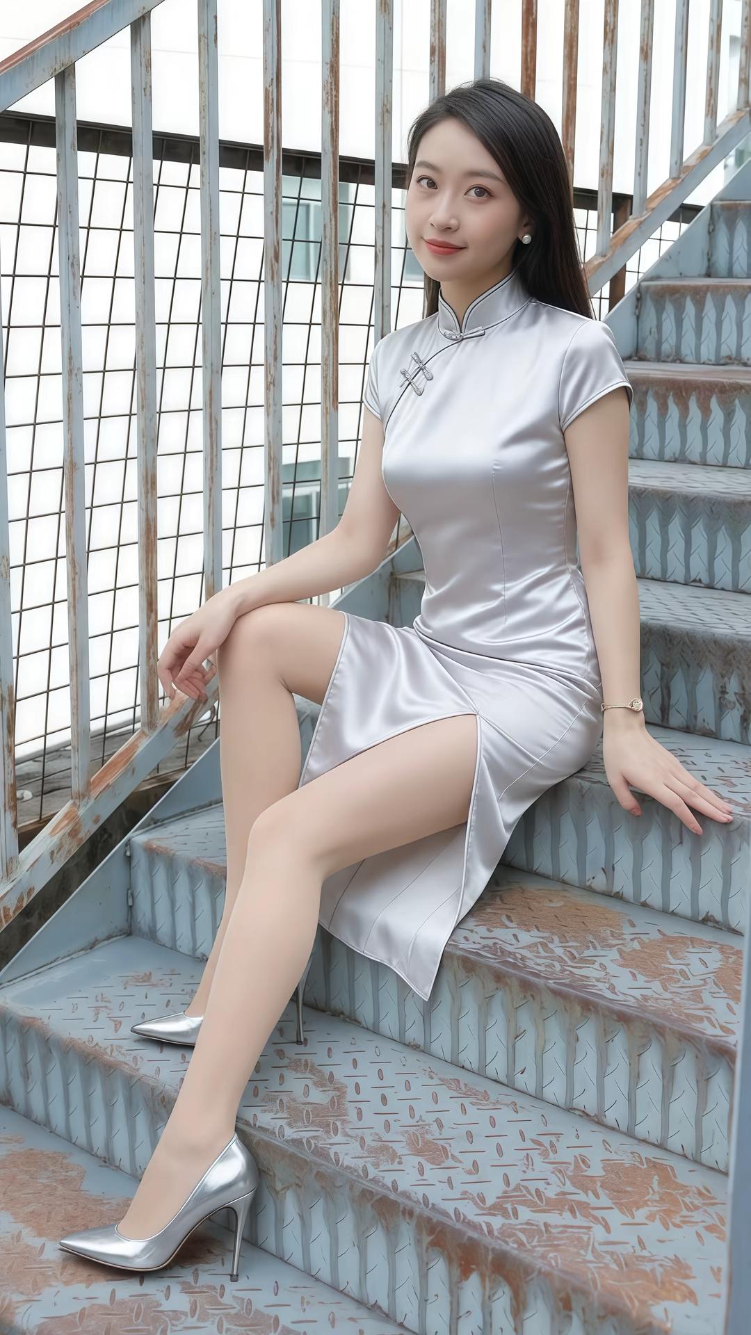 ✨温婉清冷的中式旗袍美人
她有着柔顺顺滑的黑长直秀发，五官清秀柔和，眉眼温柔干净