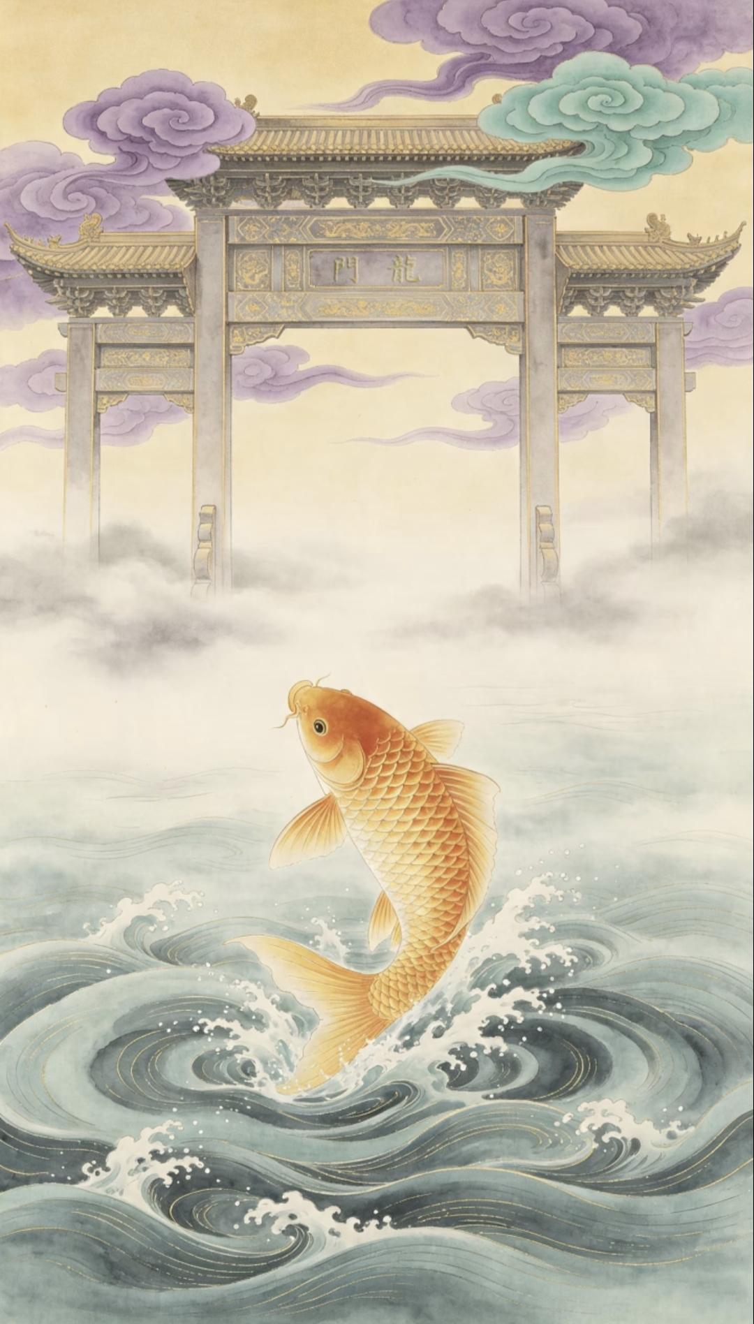 锦鲤跃龙门，好运挡不住！愿每一个努力的你，都能乘风破浪，一跃化龙，接住这份泼天的