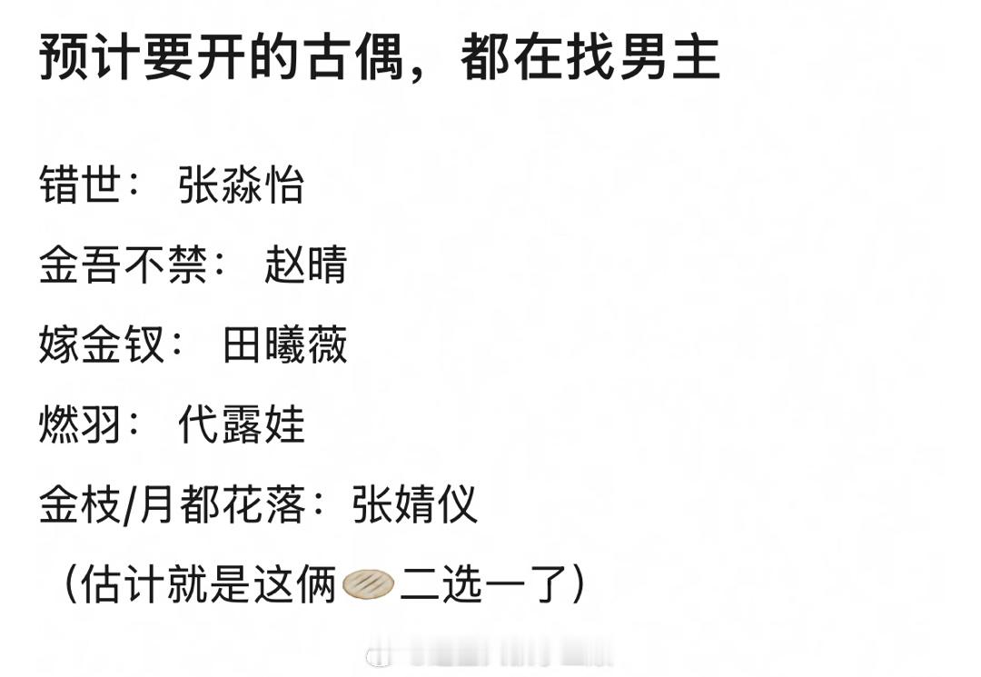 预计要开的古偶，都在定女找男[笑cry]错世： 张淼怡金吾不禁： 赵晴嫁金钗： 