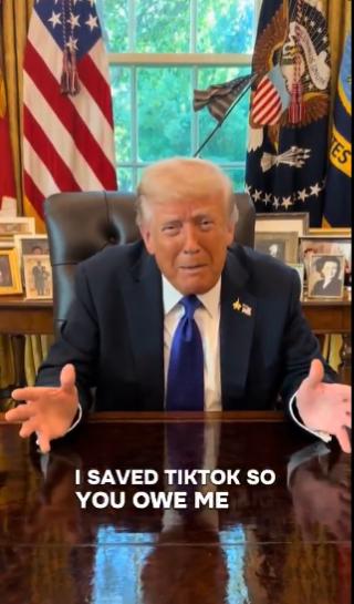 【特朗普入驻TikTok开启直播：向年轻人喊话“你们欠我的！”】美国总统唐纳德·