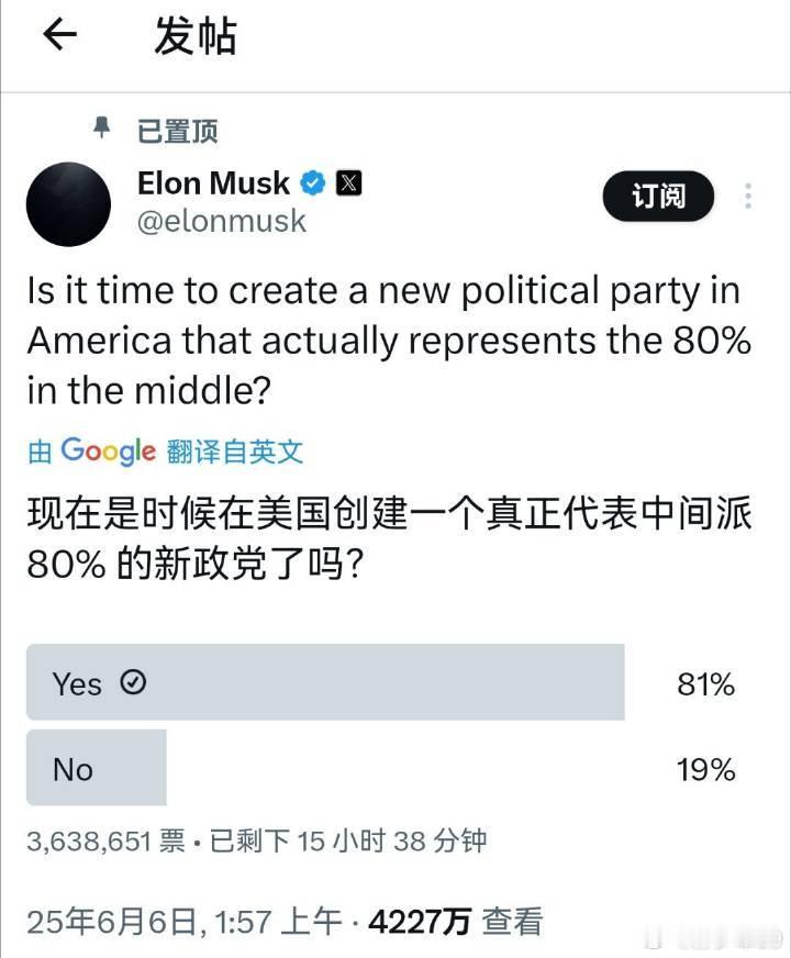 马斯克发推，说是时候在美国创建一个真正代表中间派80%的新政党了吗？兄弟，你要搞