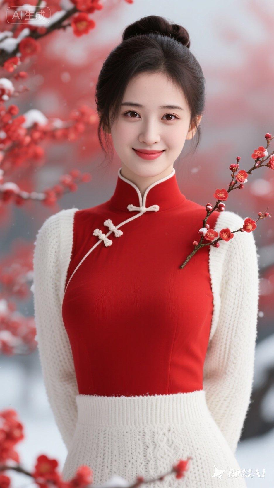 冬日红衣少女，雪中绽放红梅，唯美如画。