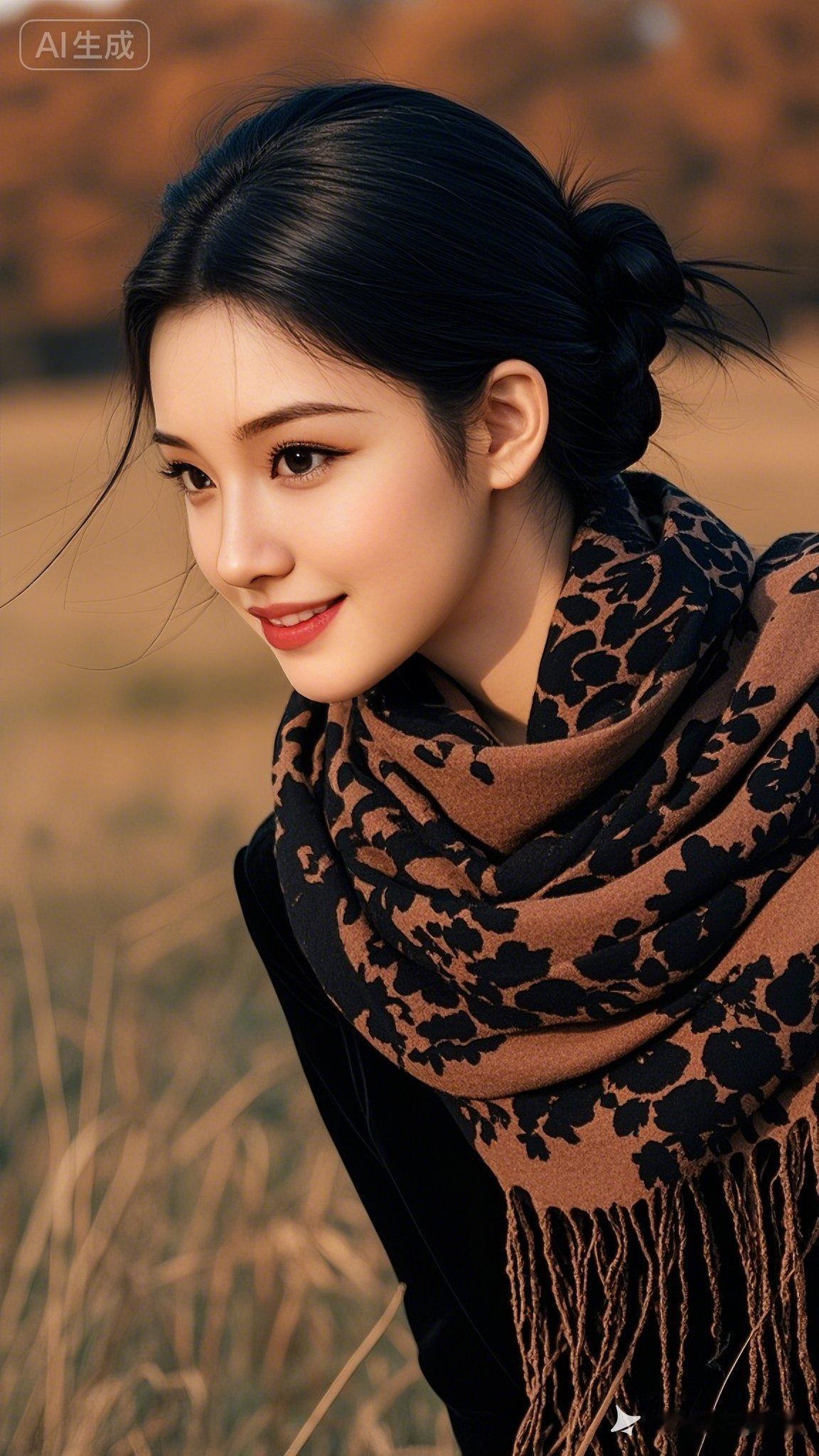 秋日暖阳下，温柔笑容，黑发红唇，时尚围巾，自然美丽。