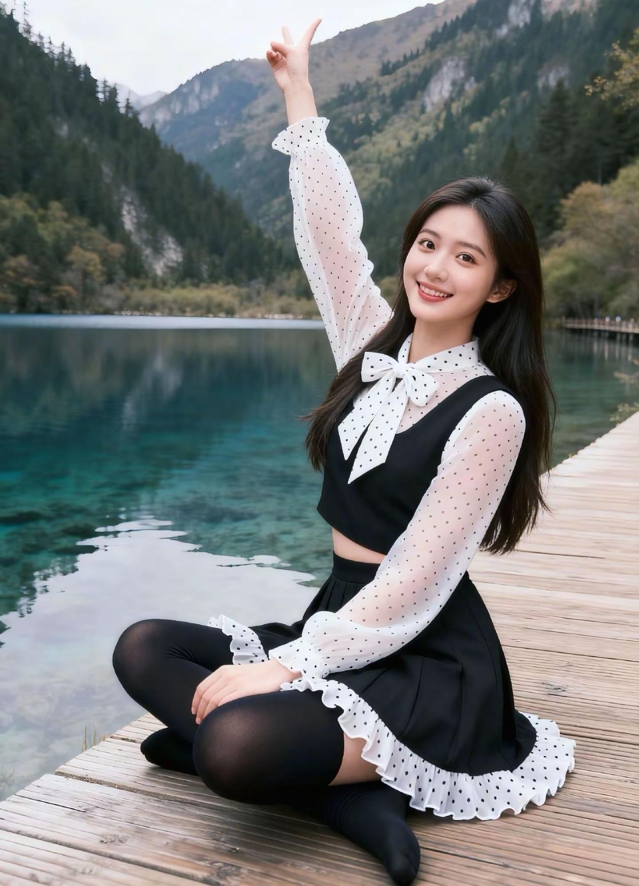 少女在湖边比V，青春洋溢，风景如画！🌿💖