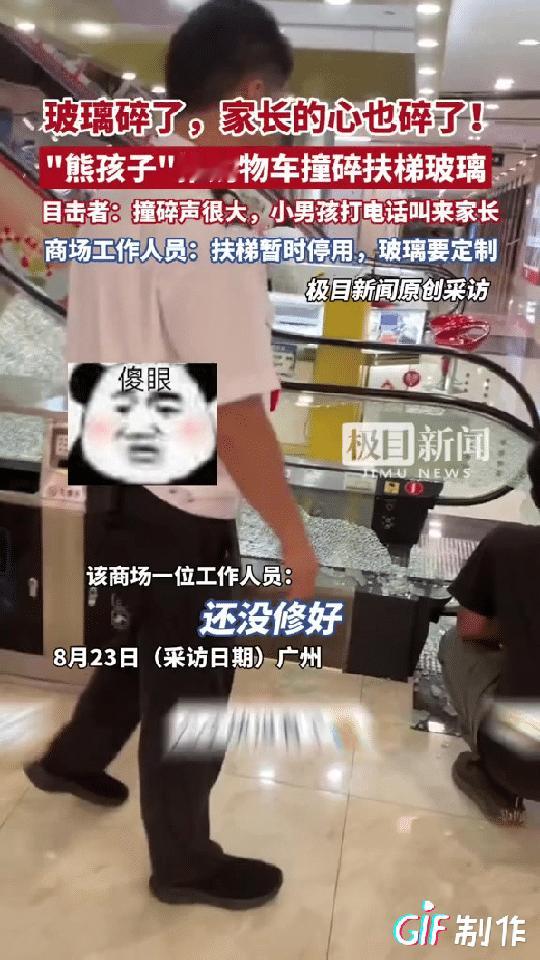 这家长的心在滴血！广州一小男孩在推购物车的时候不慎撞到扶梯的玻璃，结果玻璃碎了一