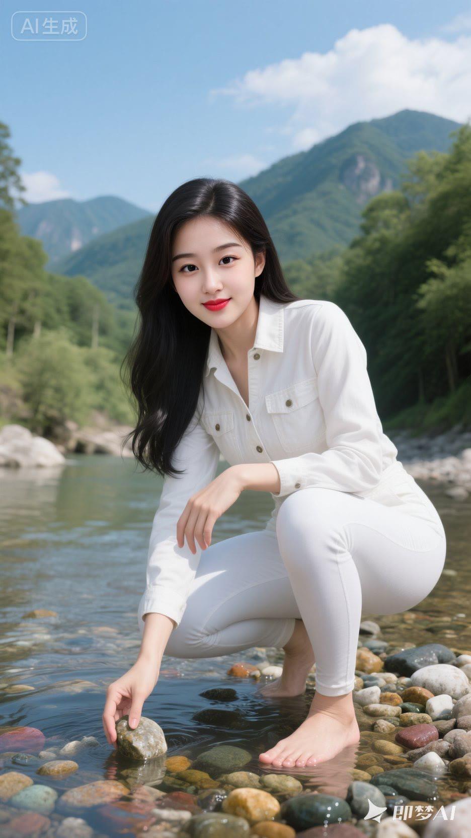 山间清澈溪水边，白衣少女轻抚石子，静享自然之美。