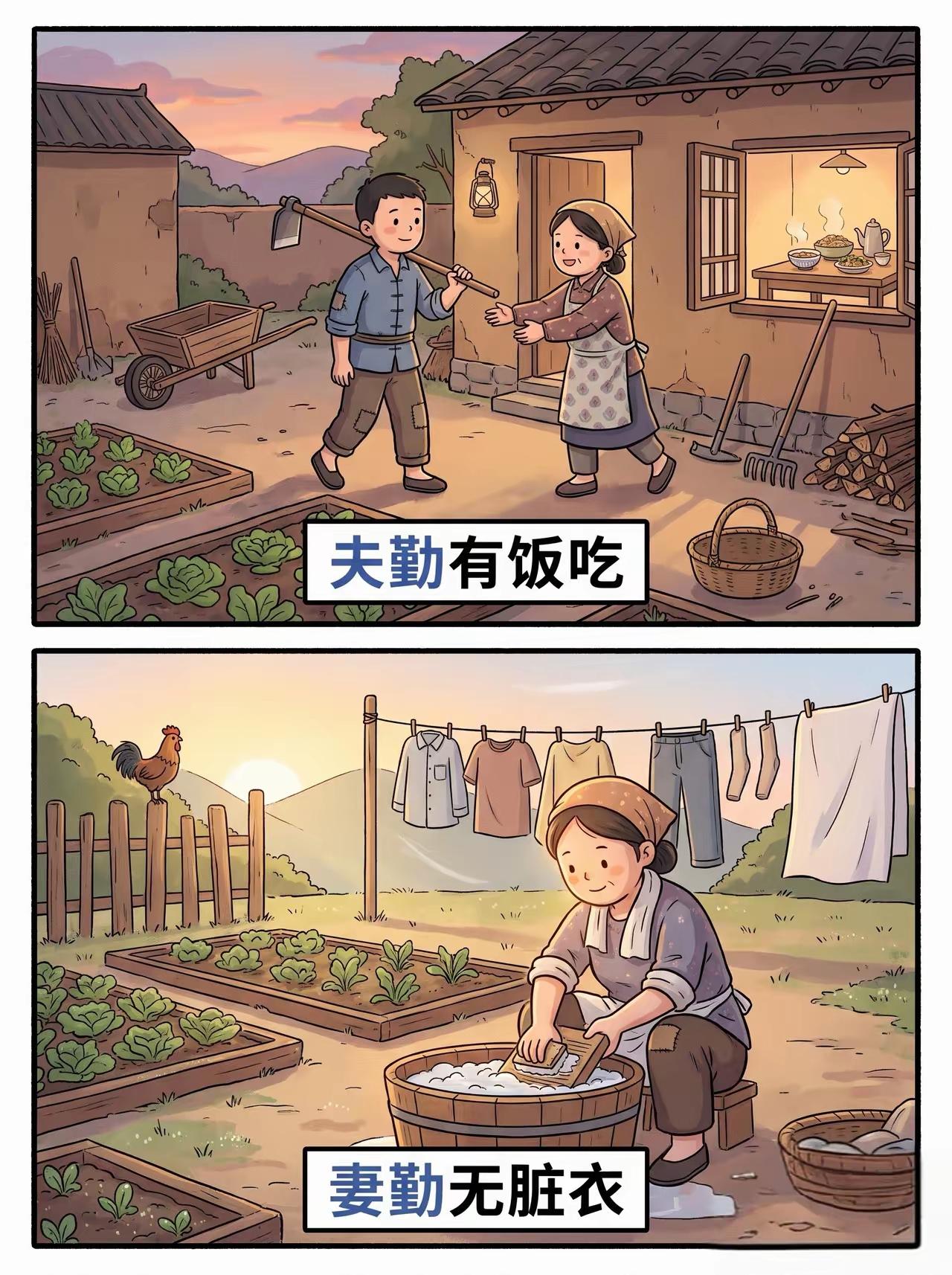 夫勤有饭吃，妻勤无脏衣，这就是普通老百姓的爱情。
不用高楼大厦，一日三餐，早中晚