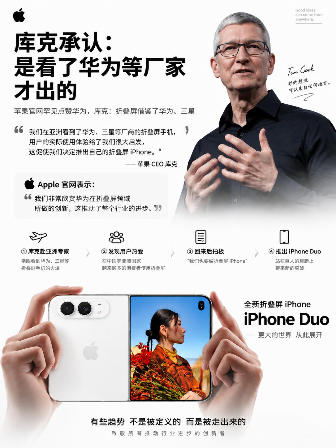 库克承认了！折叠屏是借鉴了华为三星！
刚刚看到一个很意思的新闻，苹果前 CEO 