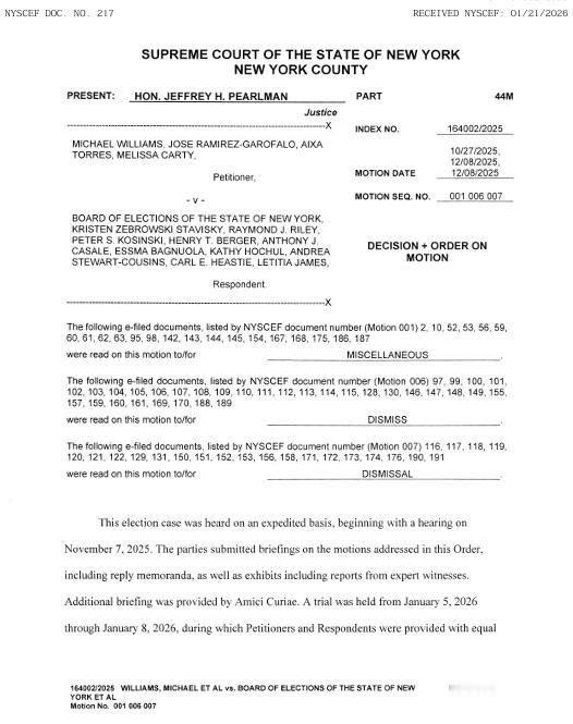 美国纽约州一名法官根据纽约州宪法否决了该州的国会选区划分图。

珀尔曼法官命令I