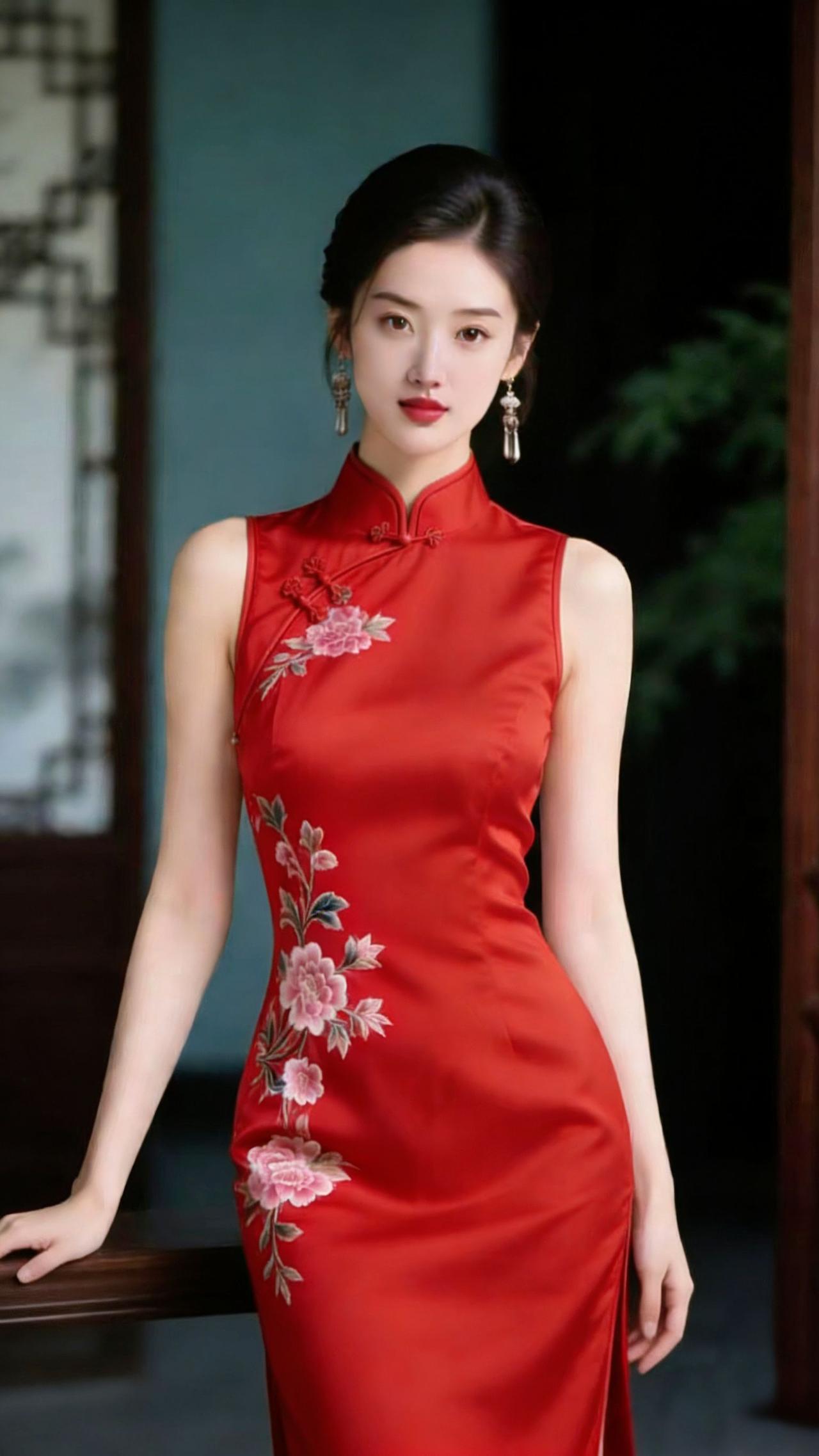 红缎承雅，旗袍含春
 
正红缎面轻贴肩颈，无袖裁制衬出舒展的柔——襟前盘扣轻绾成