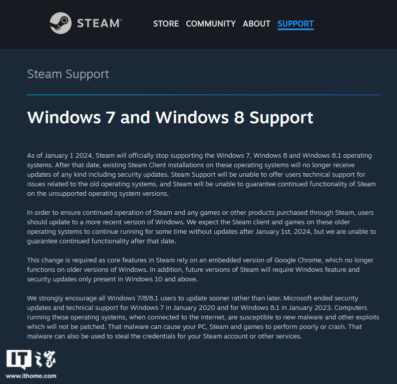 Steam 客户端今日起正式停止支持微软 Win7/8/8.1 操作系统