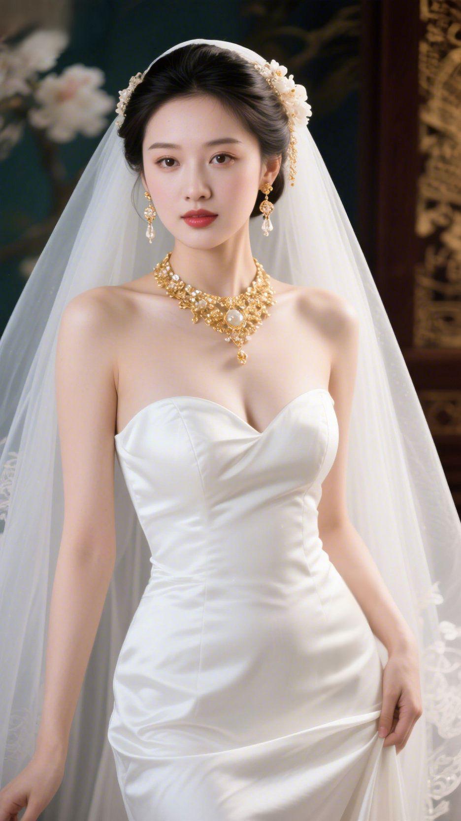 白纱凝韵绘温婉
 
墨绿的背景晕着雅致的国风肌理，玉色花枝在旁悄然绽放，一袭纯白