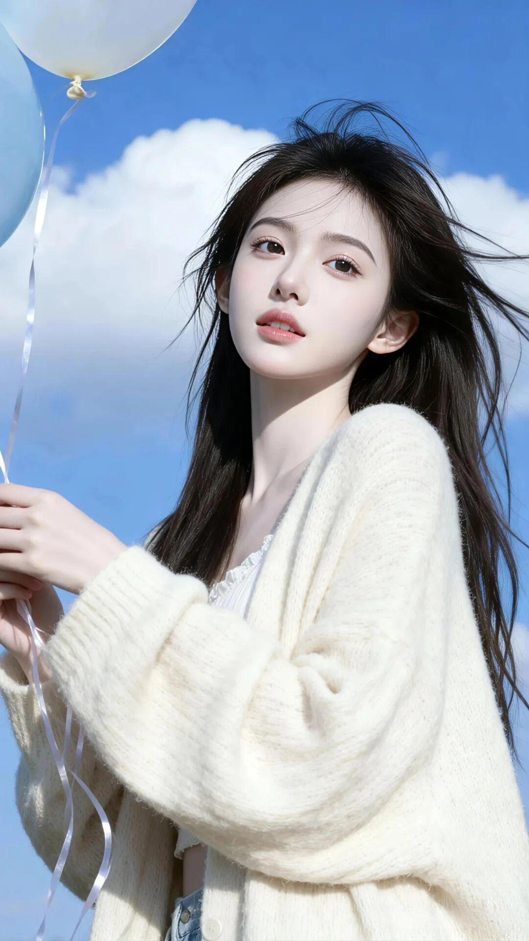 她有着一张精致无瑕的鹅蛋脸，肌肤白皙通透，仿佛能掐出水来。一双清澈明亮的杏眼，眼