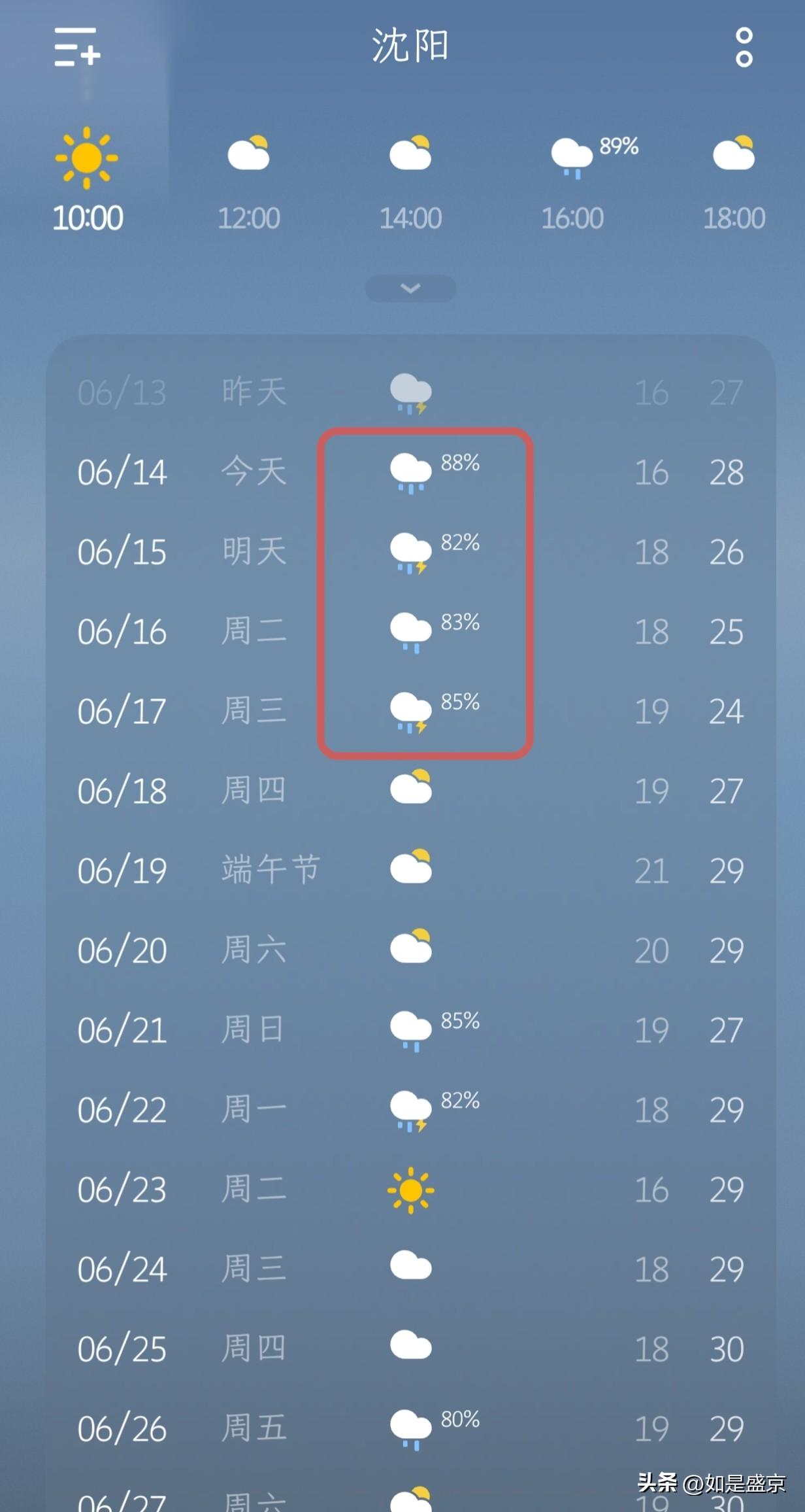 🌧️沈阳本周雨水频繁，气温波动明显！
 
今天（6月14日）沈阳有雨，气温16