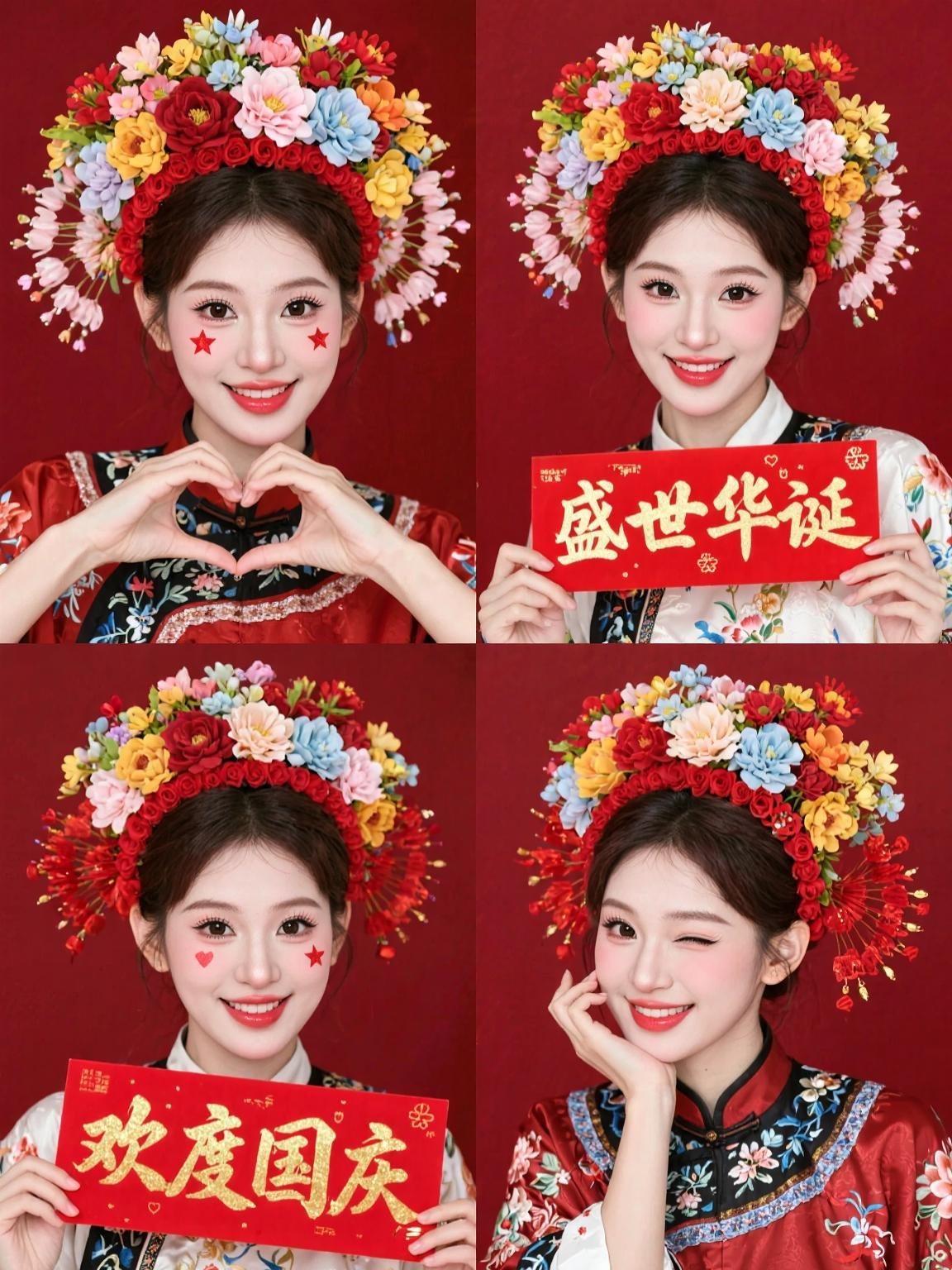 国庆唐装簪花四宫格