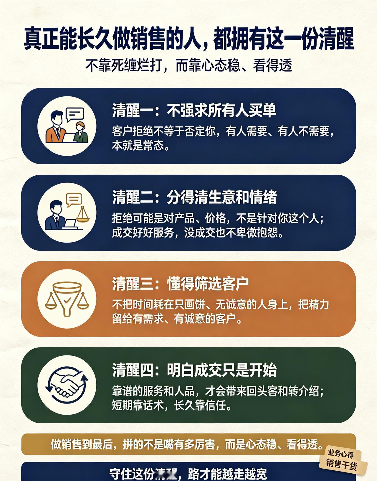 真正能长久做销售的人，都拥有这一份清醒
 
很多人做销售，拼口才、拼勤快，干几年