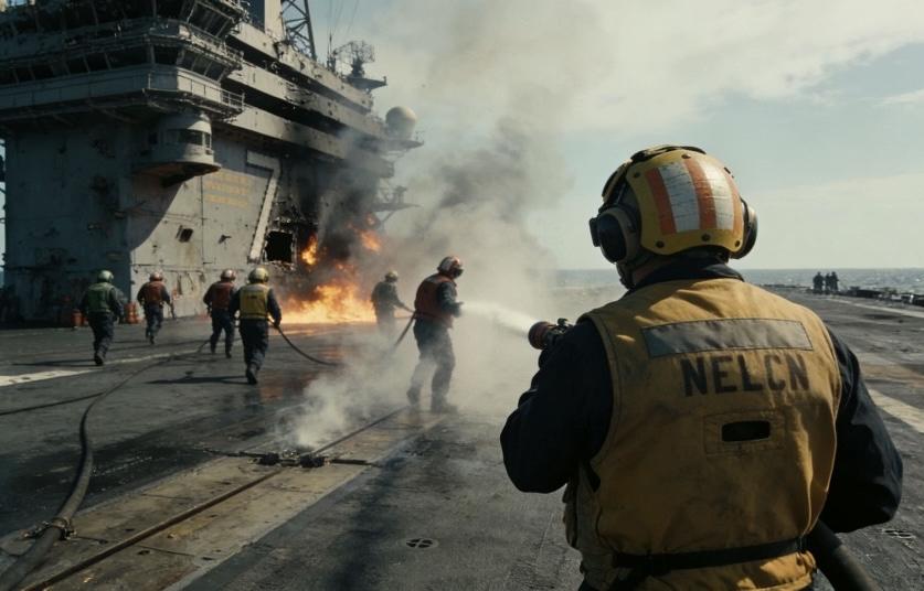 勇敢的海军消防员在船上火海中英勇灭火，守护平安！