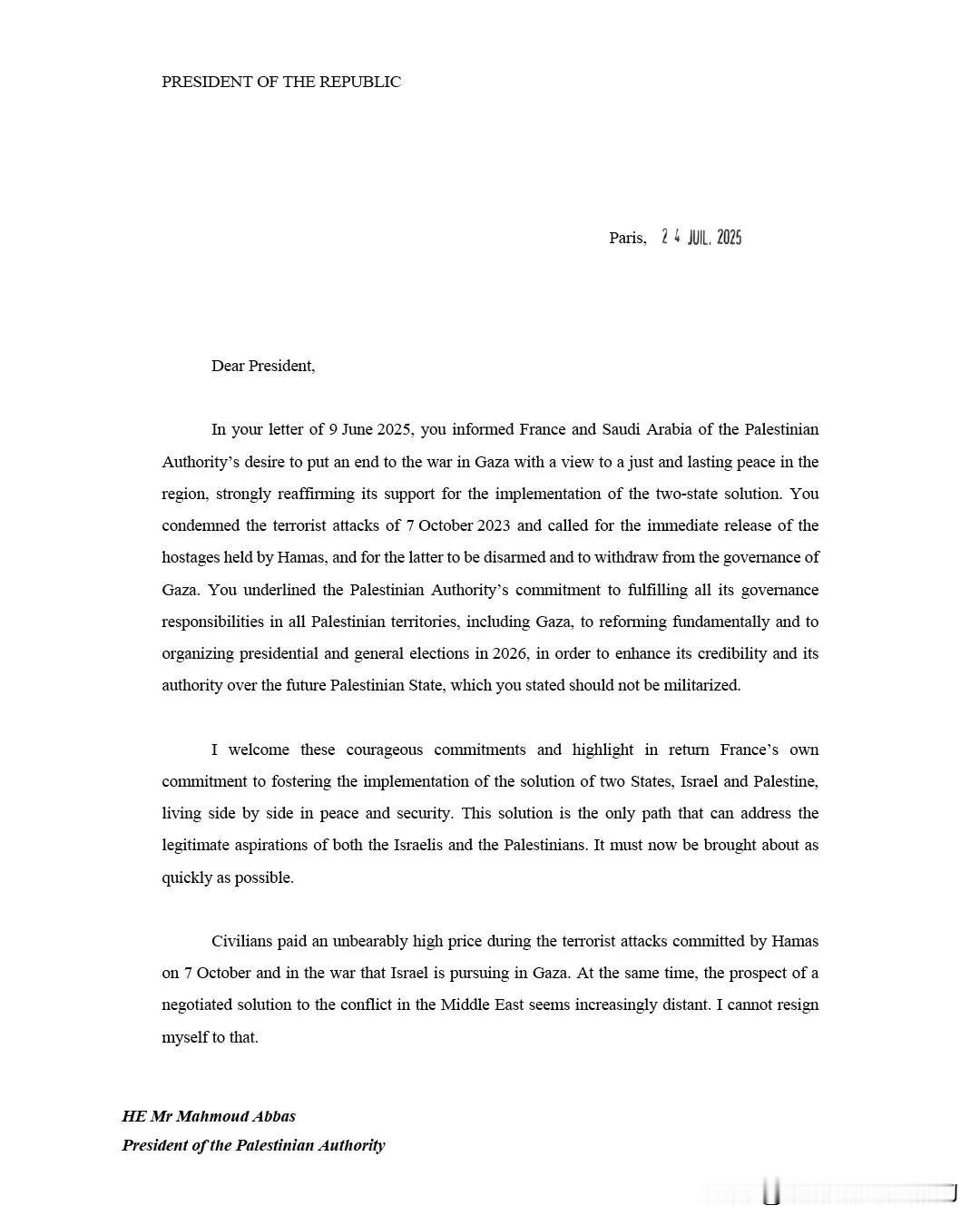 法国宣布即将正式承认巴勒斯坦国。马克龙签署法令，根据法国对中东公正和持久和平的历