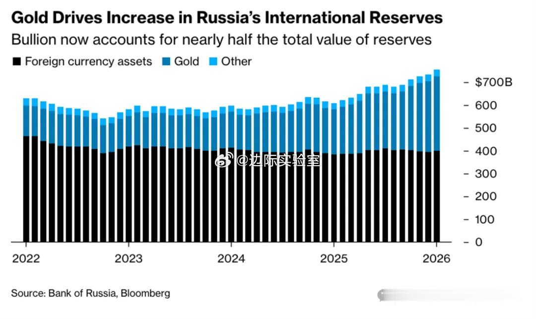 自2022年2月以来，俄罗斯央行持有的黄金储备价值已激增超过2160亿美元，这一