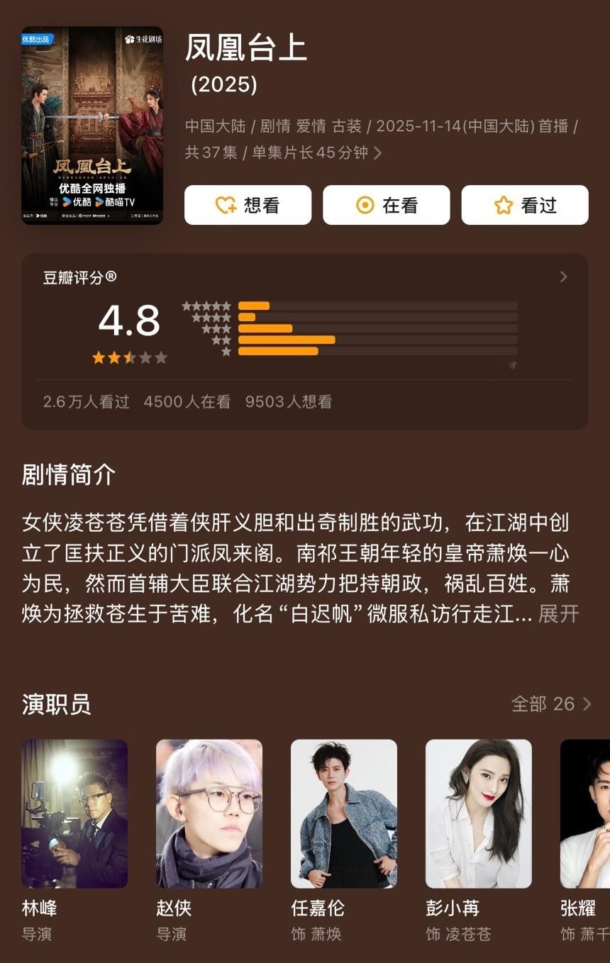 近日热播的电视剧《凤凰台上》豆瓣开分4.8，3万人评分，大家有看么？你觉得如何？