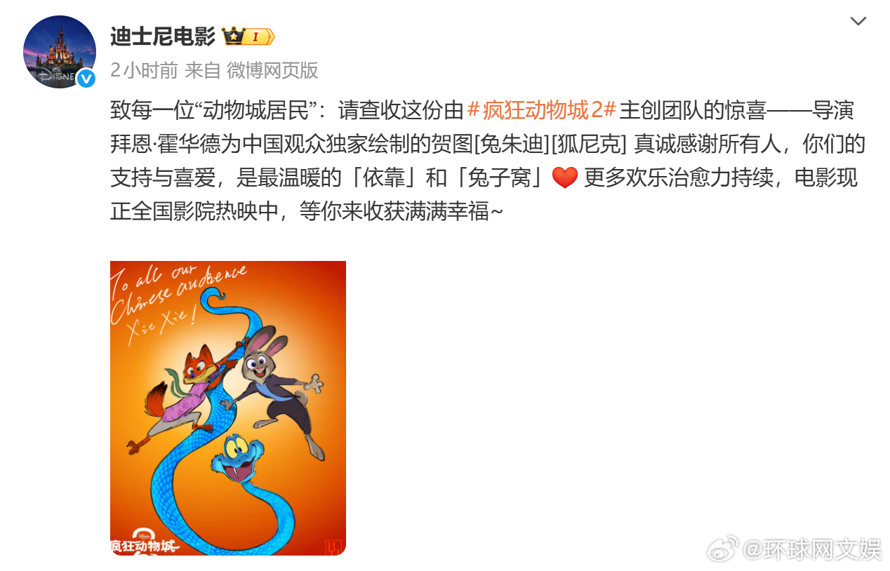 【#疯狂动物城2导演感谢中国观众# 】据《#疯狂动物城2#》导演拜恩·霍华德为中