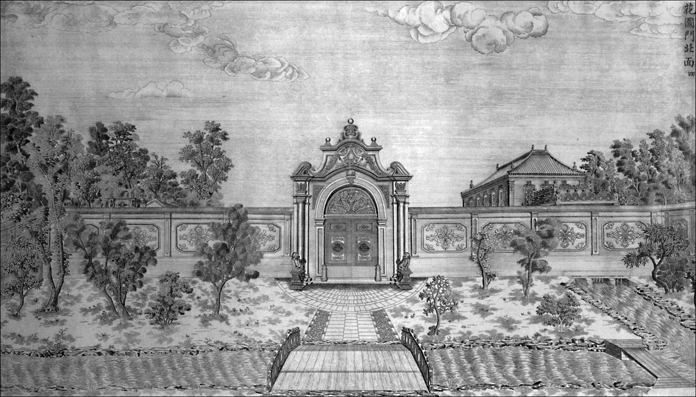 【圆明园-西洋楼】园林建筑组团的铜版画，花園門北面四。由耶稣会顾问小组...