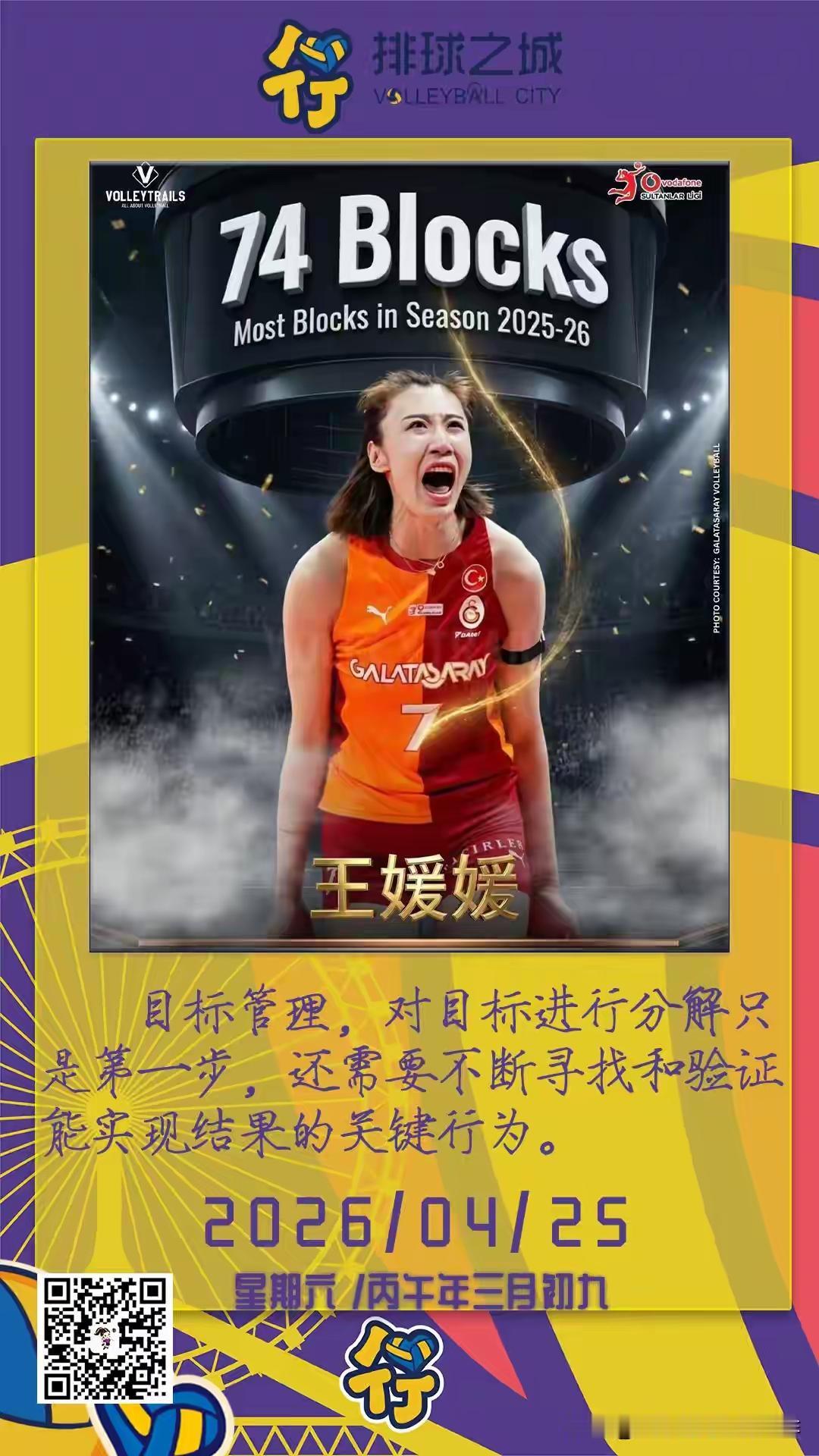 天津女排今天发海报，祝贺王媛媛拿到土超联赛拦网得分王，大大的74分，是对王媛媛本