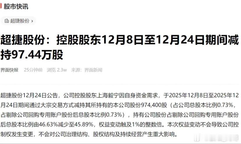 刚刚超捷股份发布公告，称公司控股股东上海毅宁因自身资金需求。2025年12月8日