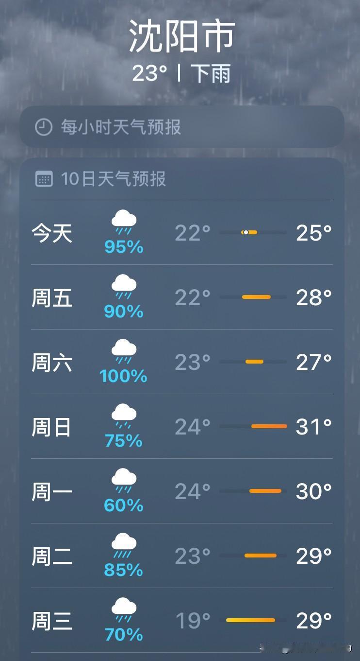 今天沈阳依然是阴雨天气，气温22°C～25°C，南风2级～3级。

白天多云，午