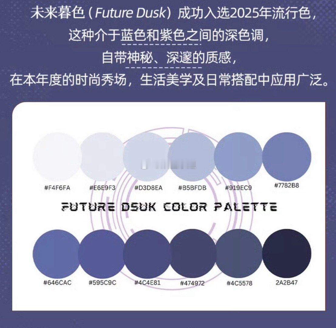未来暮色（Future Dusk），作为2025年度流行色，是一种游走于蓝与紫之