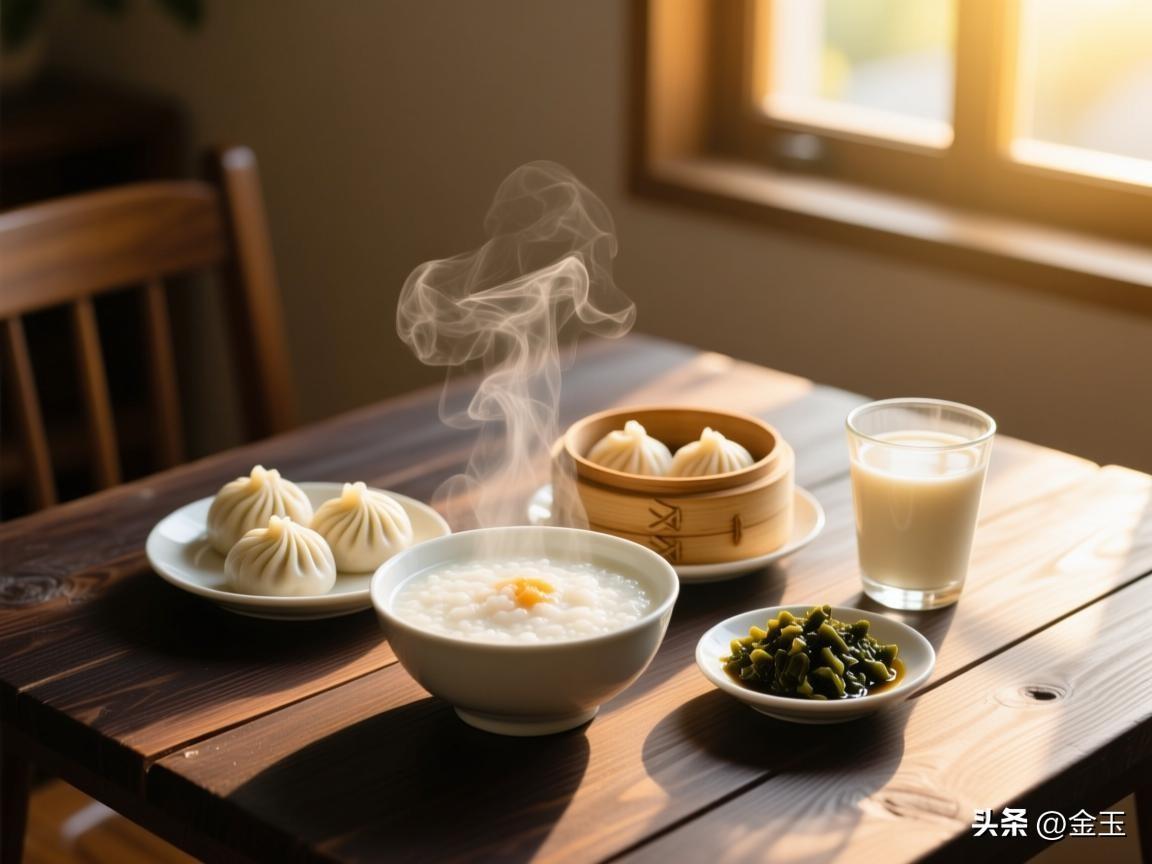 今日份早餐分享作者加速成长计划今天的早餐是白粥配小笼包，热气腾腾的烟火气，是一天