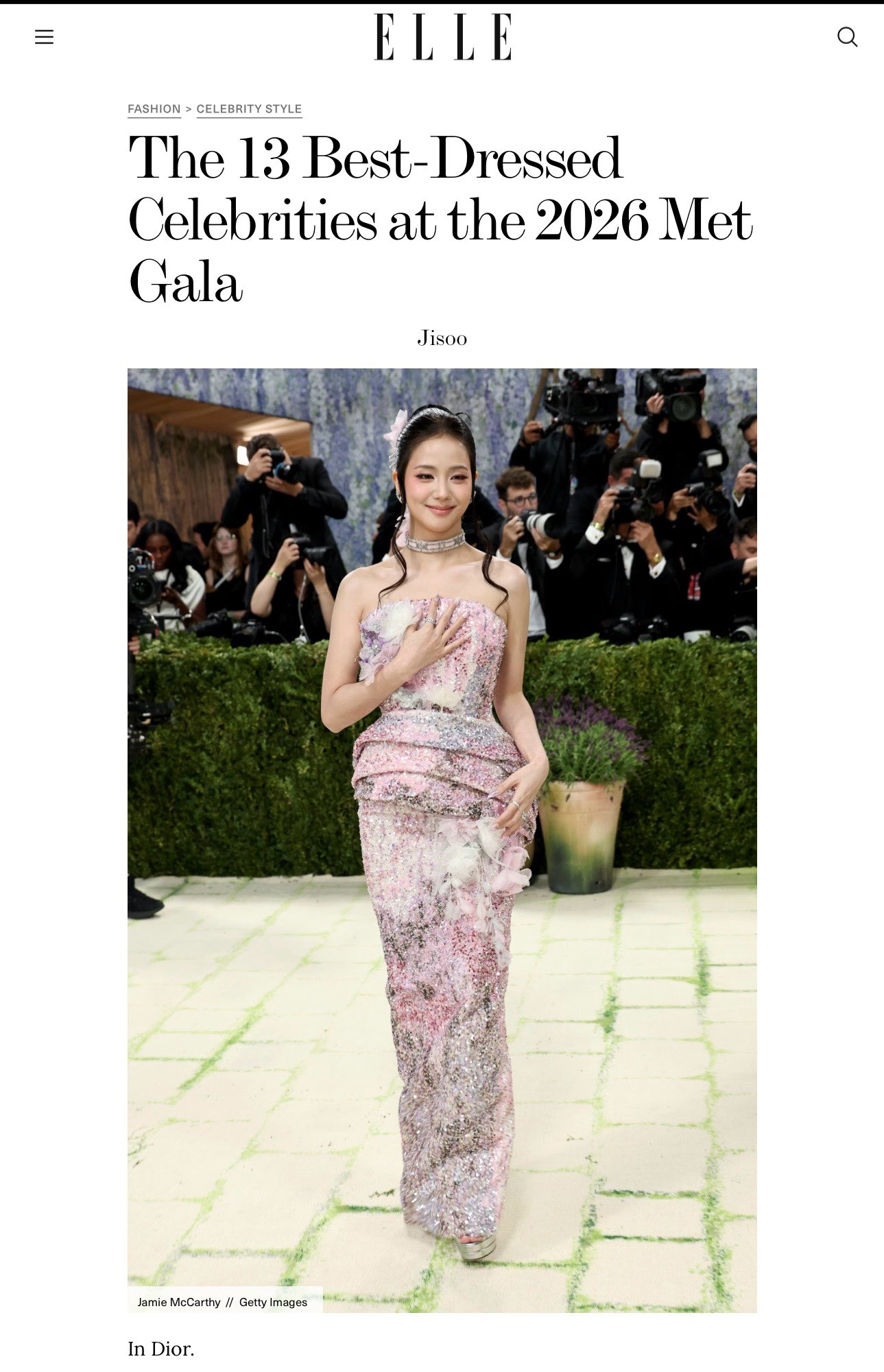 《ELLE》美国版将JISOO评为2026年Met Gala最佳着装名人之一（共