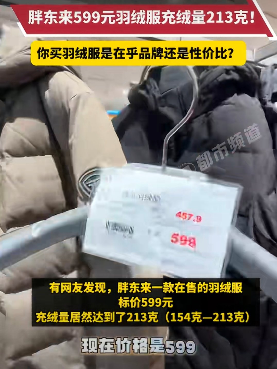 胖东来599元羽绒服充绒量213克前几天不是看到一个牌子的羽绒服2299块，充绒