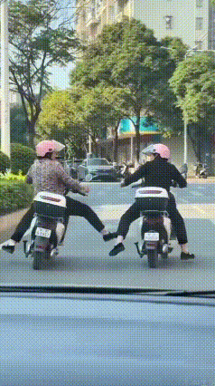 马路斗气输不起！两名女子骑车互踹，双双摔进绿化带
 路上惊险一幕，两位骑电动车的