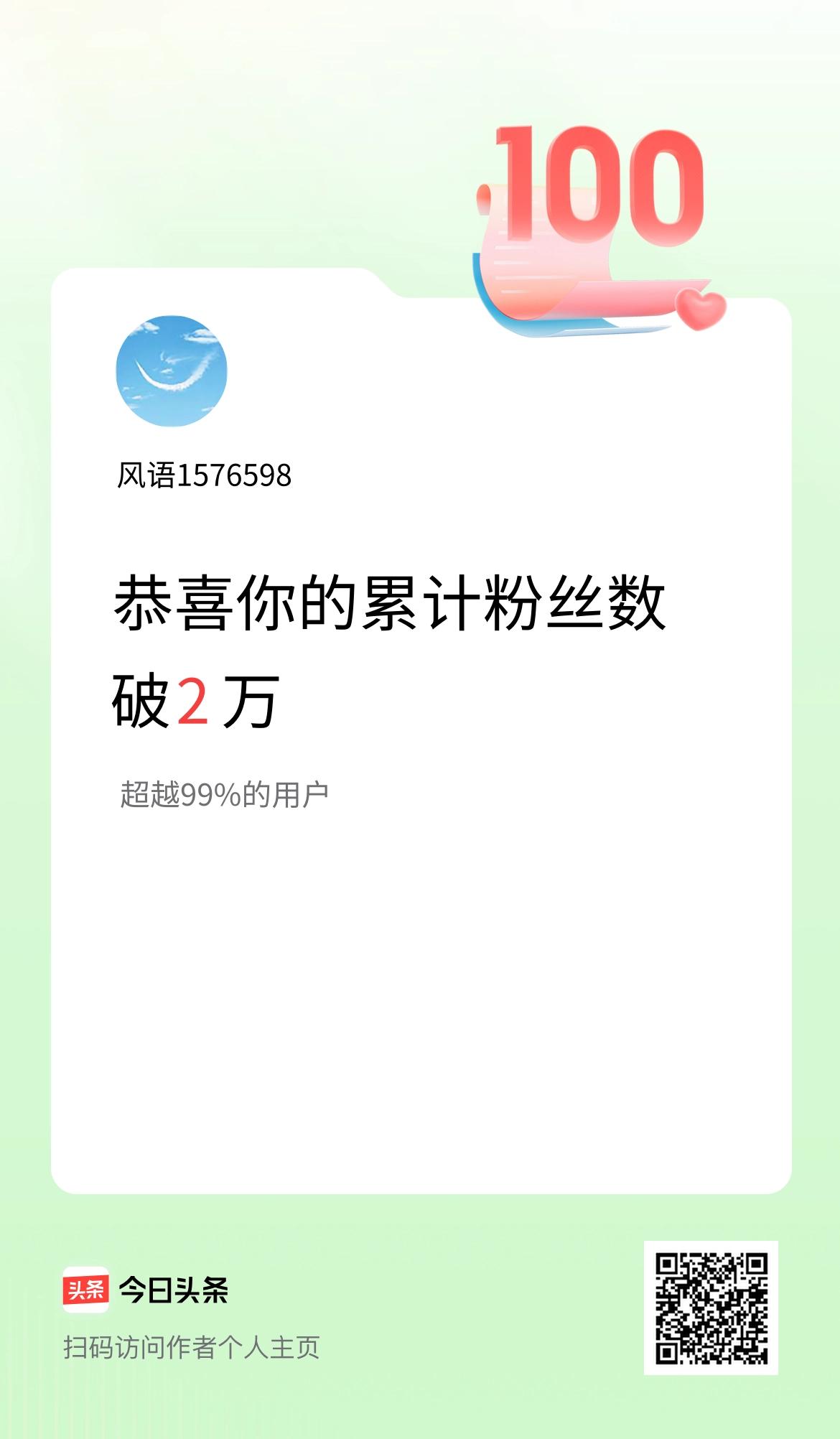 我在头条累计粉丝数破2万啦！