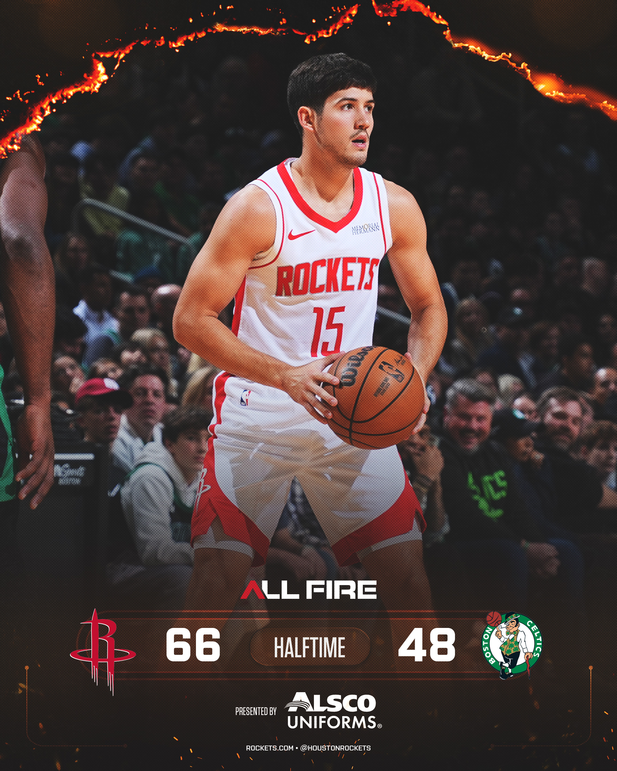 半场比赛结束！火箭66-48凯尔特人！杜兰特20分4板1帽，投篮8中7，三分2中