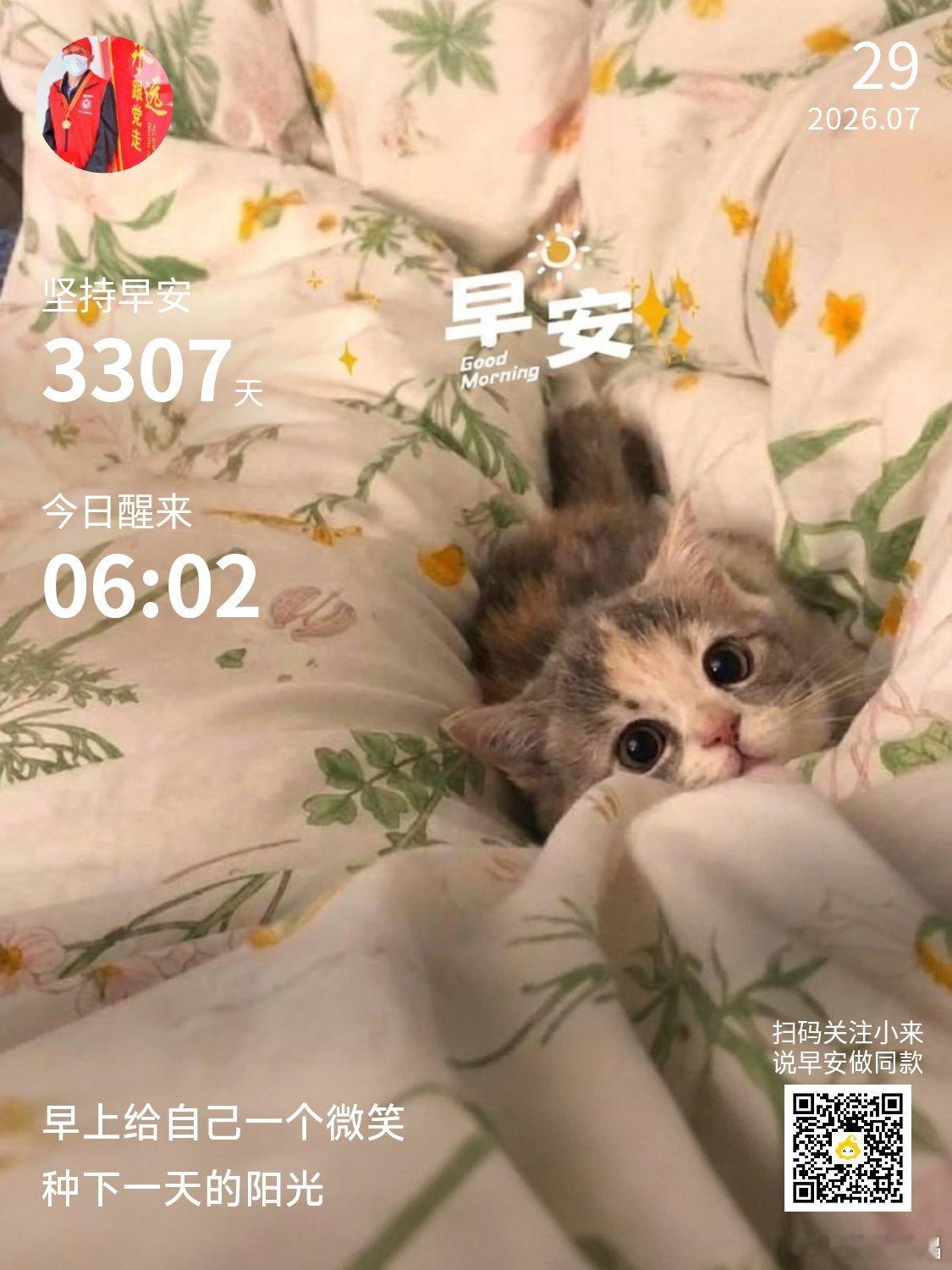 早安你已连续早安问候3307天，昨晚睡了7小时58分钟。一个人只有承担起狂风暴雨