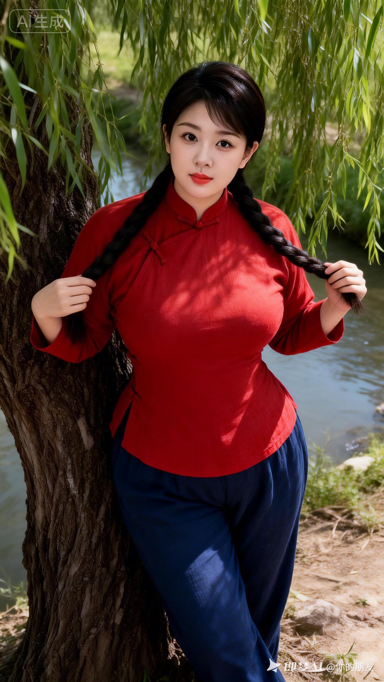 红衣少女倚树摆拍，古风韵味十足