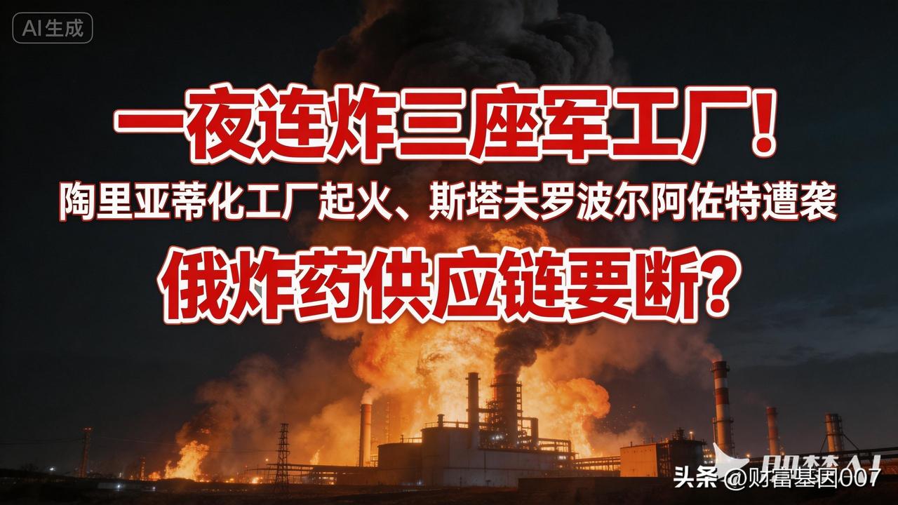 《一夜连炸三座军工厂！陶里亚蒂化工厂起火、斯塔夫罗波尔阿佐特遭袭，俄炸药供应链要